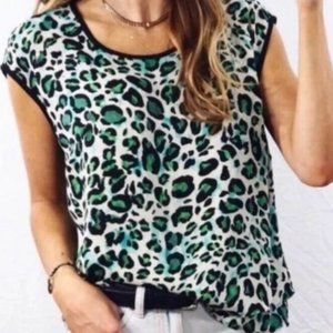 CAbi Green Black Jungle Cheetah Blouse Sz M